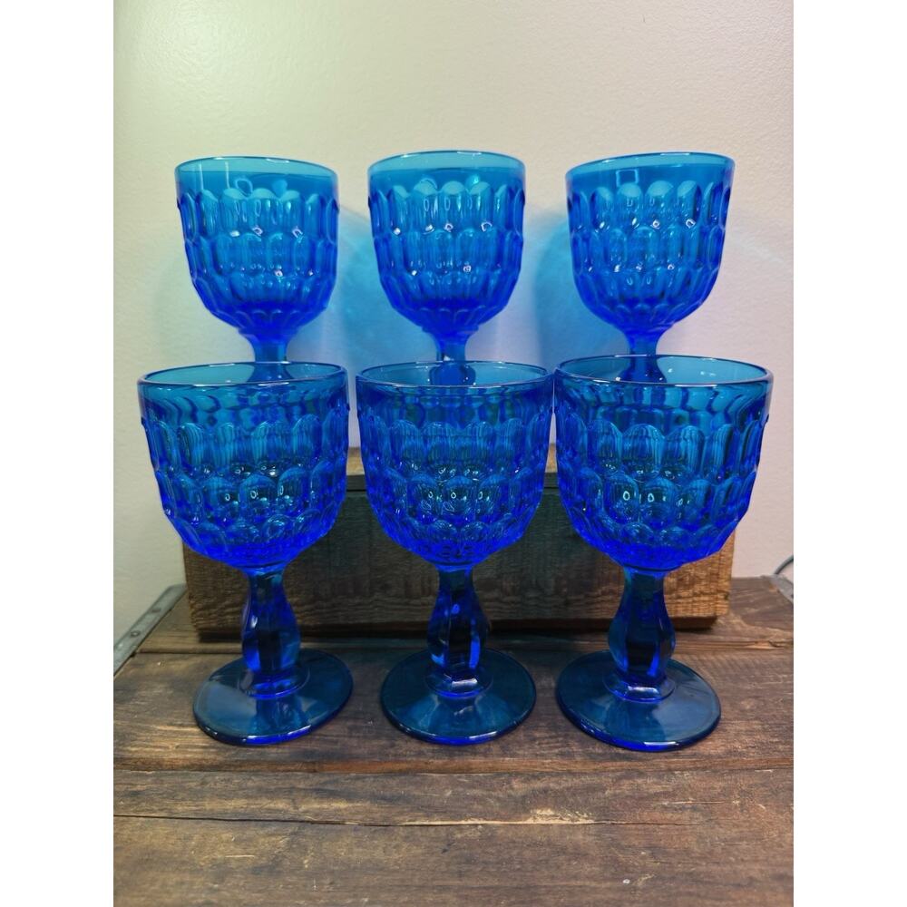 6 Vintage Fenton Thumbprint Colonial Blue Goblets glasses 5-5/8” tall GORGOUS